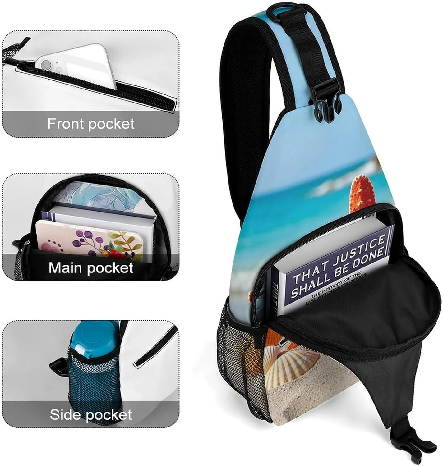 Sling Bag Crossbody Shoulder Bag Cross Chest Bag Beach Seashells Starfish Sling Backpack Travel Hiking Daypack