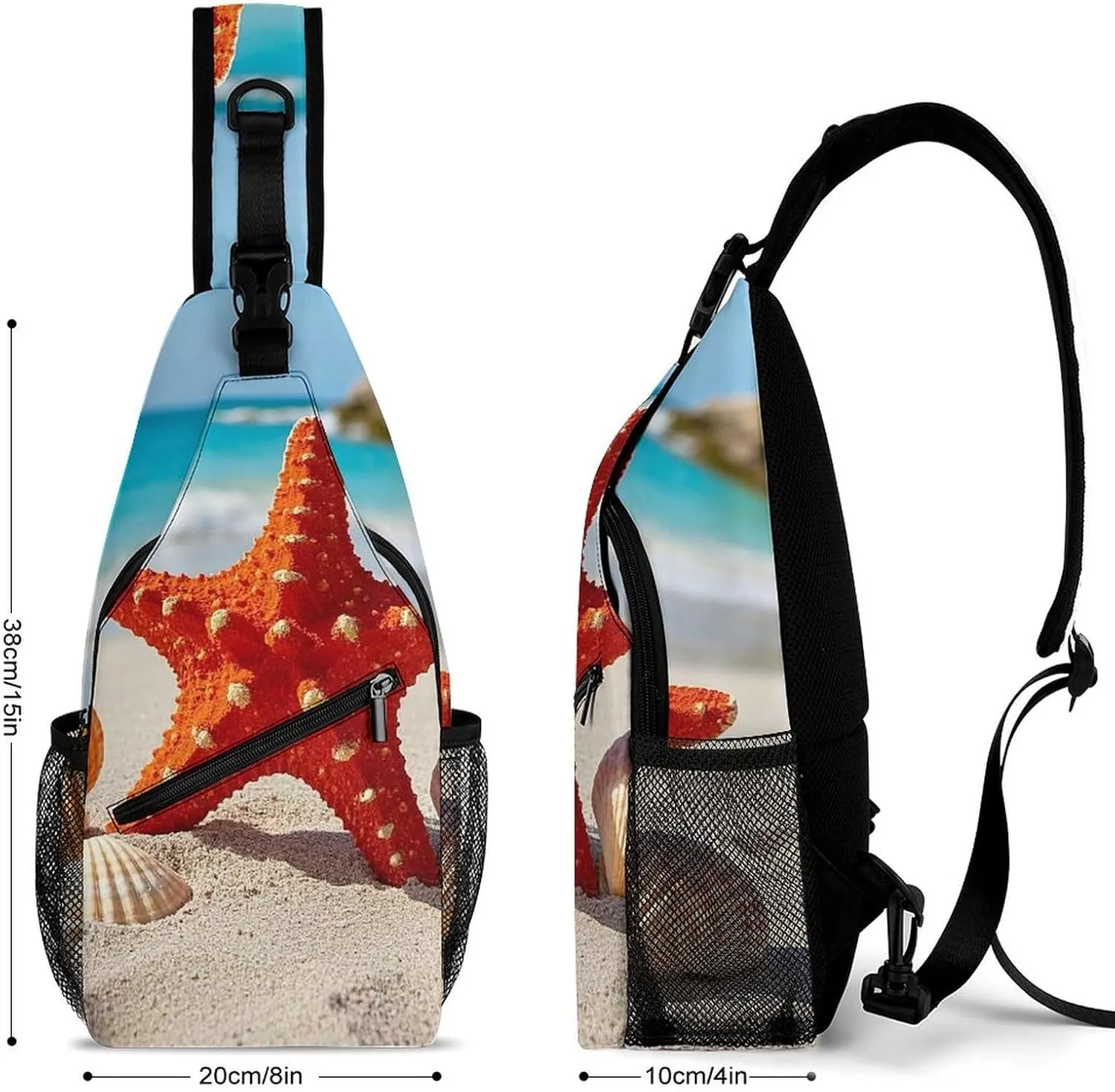 Sling Bag Crossbody Shoulder Bag Cross Chest Bag Beach Seashells Starfish Sling Backpack Travel Hiking Daypack