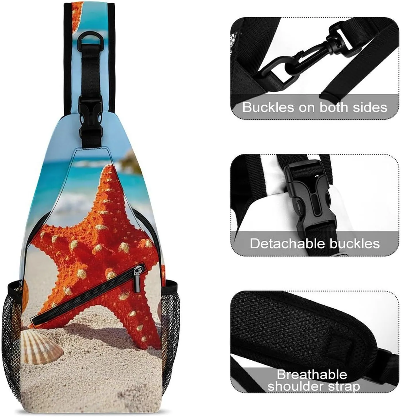 Sling Bag Crossbody Shoulder Bag Cross Chest Bag Beach Seashells Starfish Sling Backpack Travel Hiking Daypack