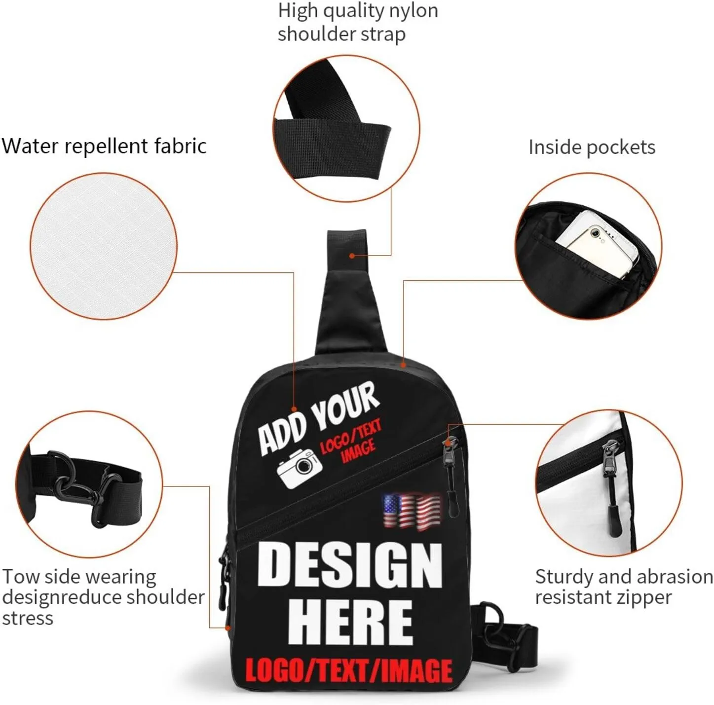 Sling Bag For Men Women Personalized Crossbody Bags Customized Chest Bag Optional Color Design with Name Logo Text or Image Here