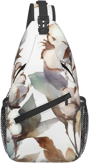 Sling Bag for Women Men Crossbody Bag Sling Backpack Twigs and Cotton Flowers Vintage Watercolor Chest Bag Fanny Packs Hiking Daypack