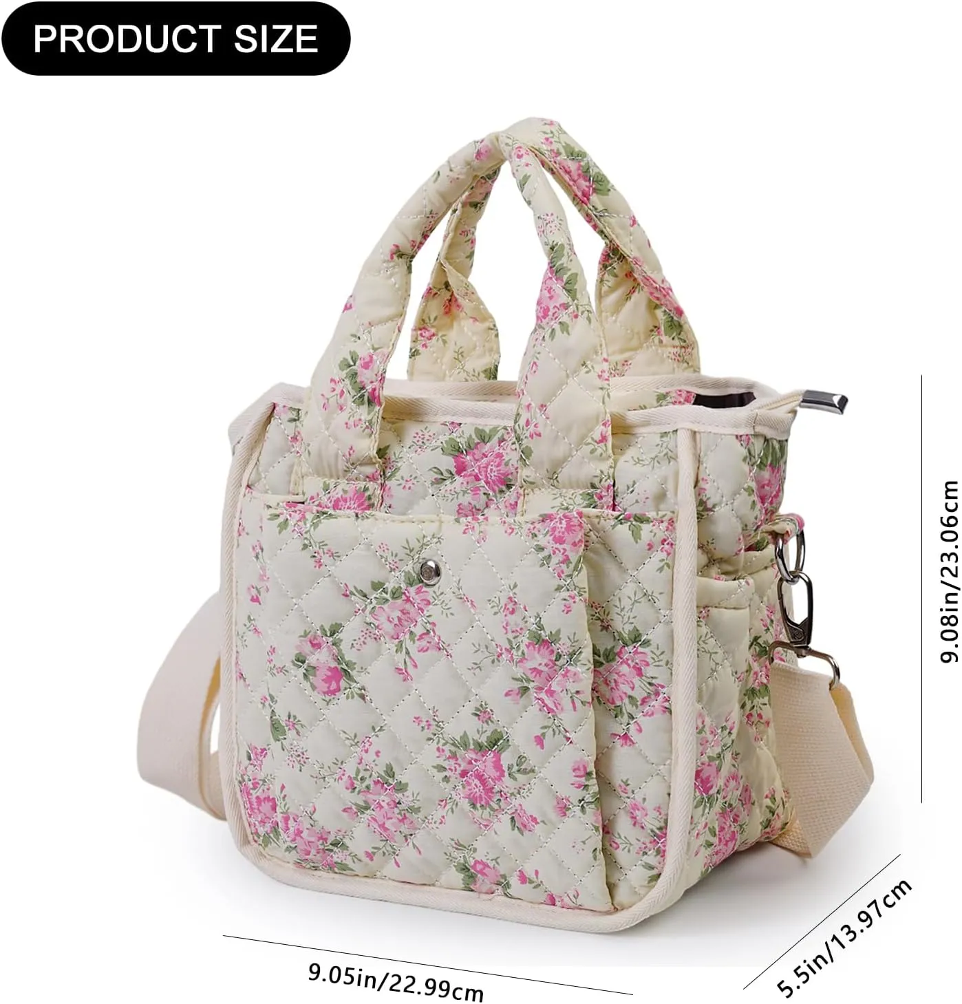 Small Floral Quilted Tote Bag for Women, Cute Crossbody Shoulder Purse with Pockets, Everyday Handbags