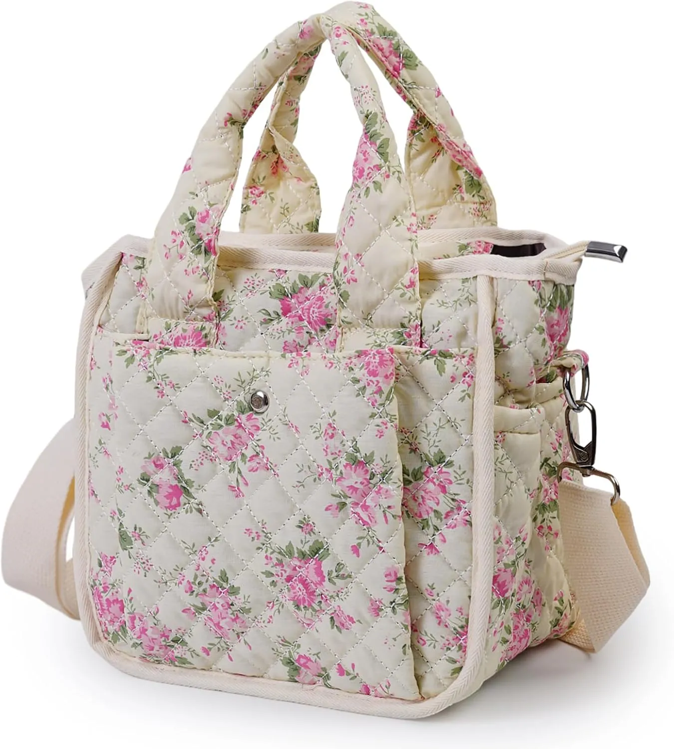 Small Floral Quilted Tote Bag for Women, Cute Crossbody Shoulder Purse with Pockets, Everyday Handbags