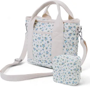 Small Floral Quilted Tote Bag for Women, Cute Crossbody Shoulder Purse with Pockets, Everyday Handbags