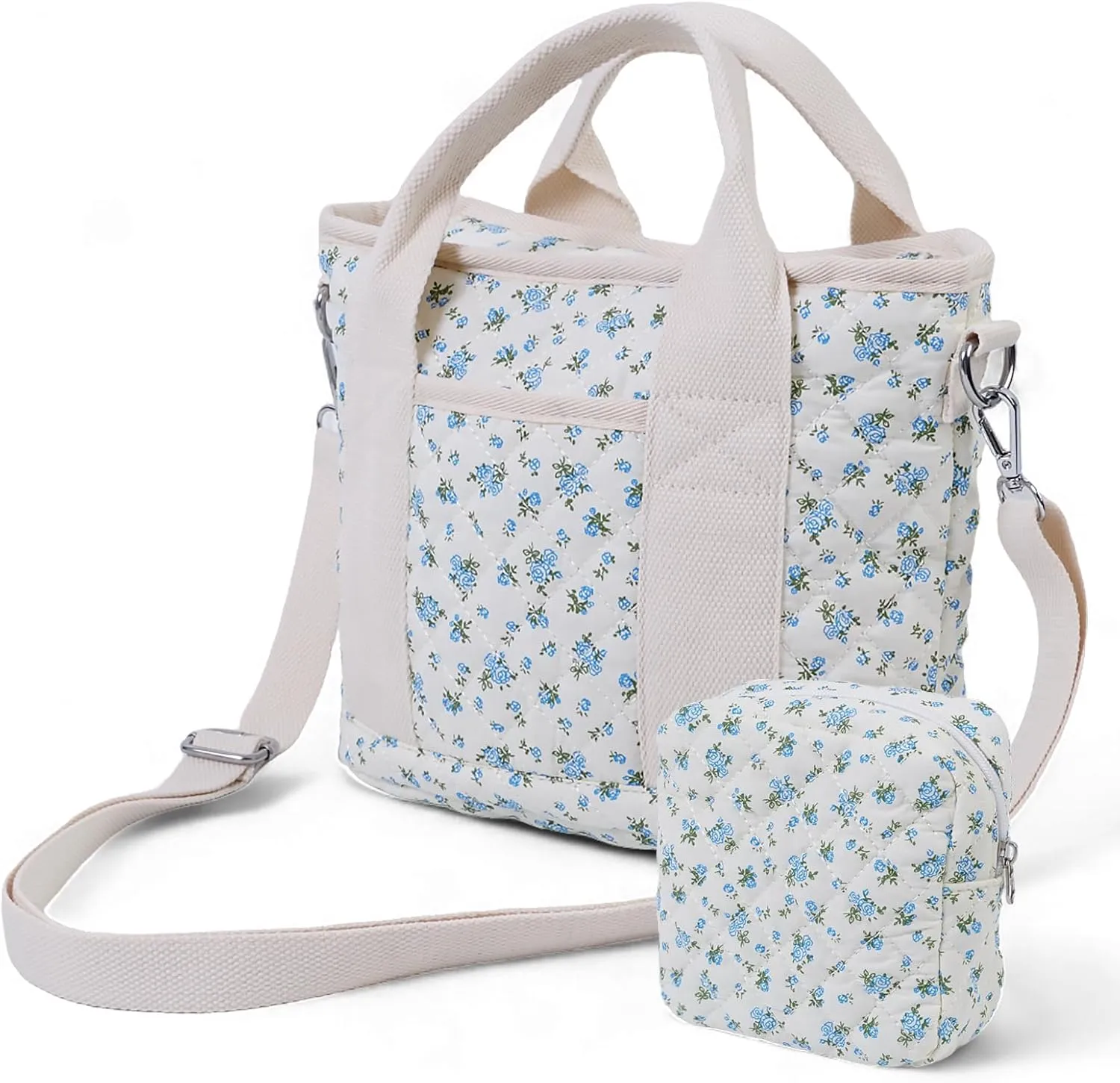 Small Floral Quilted Tote Bag for Women, Cute Crossbody Shoulder Purse with Pockets, Everyday Handbags