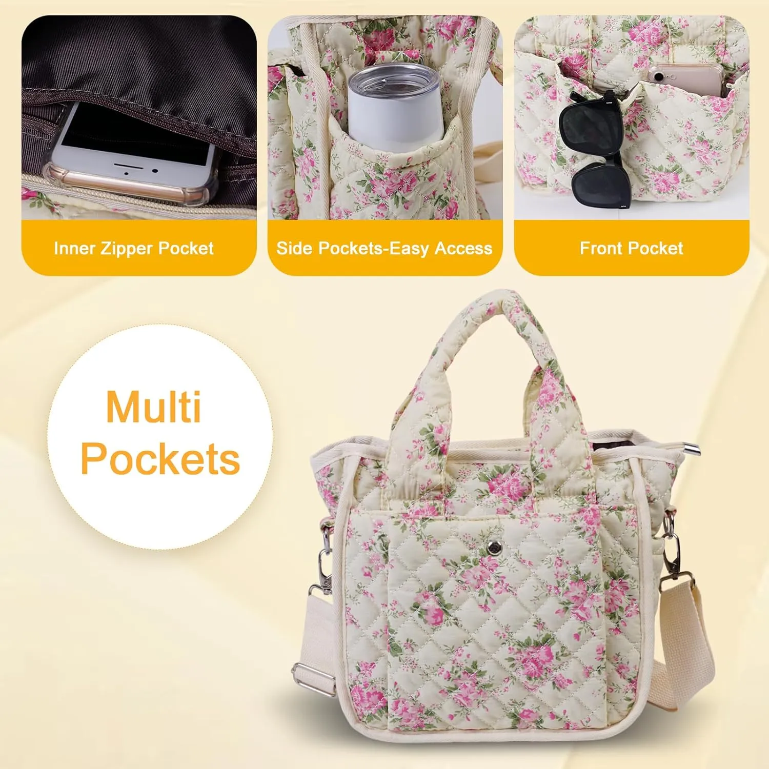 Small Floral Quilted Tote Bag for Women, Cute Crossbody Shoulder Purse with Pockets, Everyday Handbags