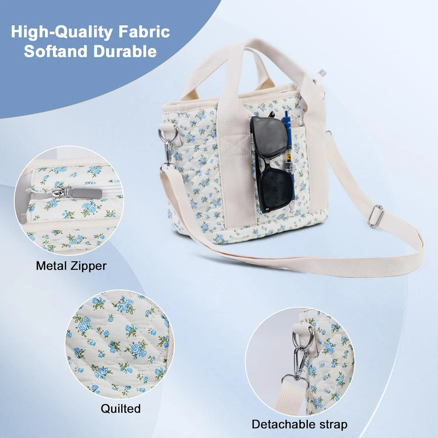 Small Floral Quilted Tote Bag for Women, Cute Crossbody Shoulder Purse with Pockets, Everyday Handbags