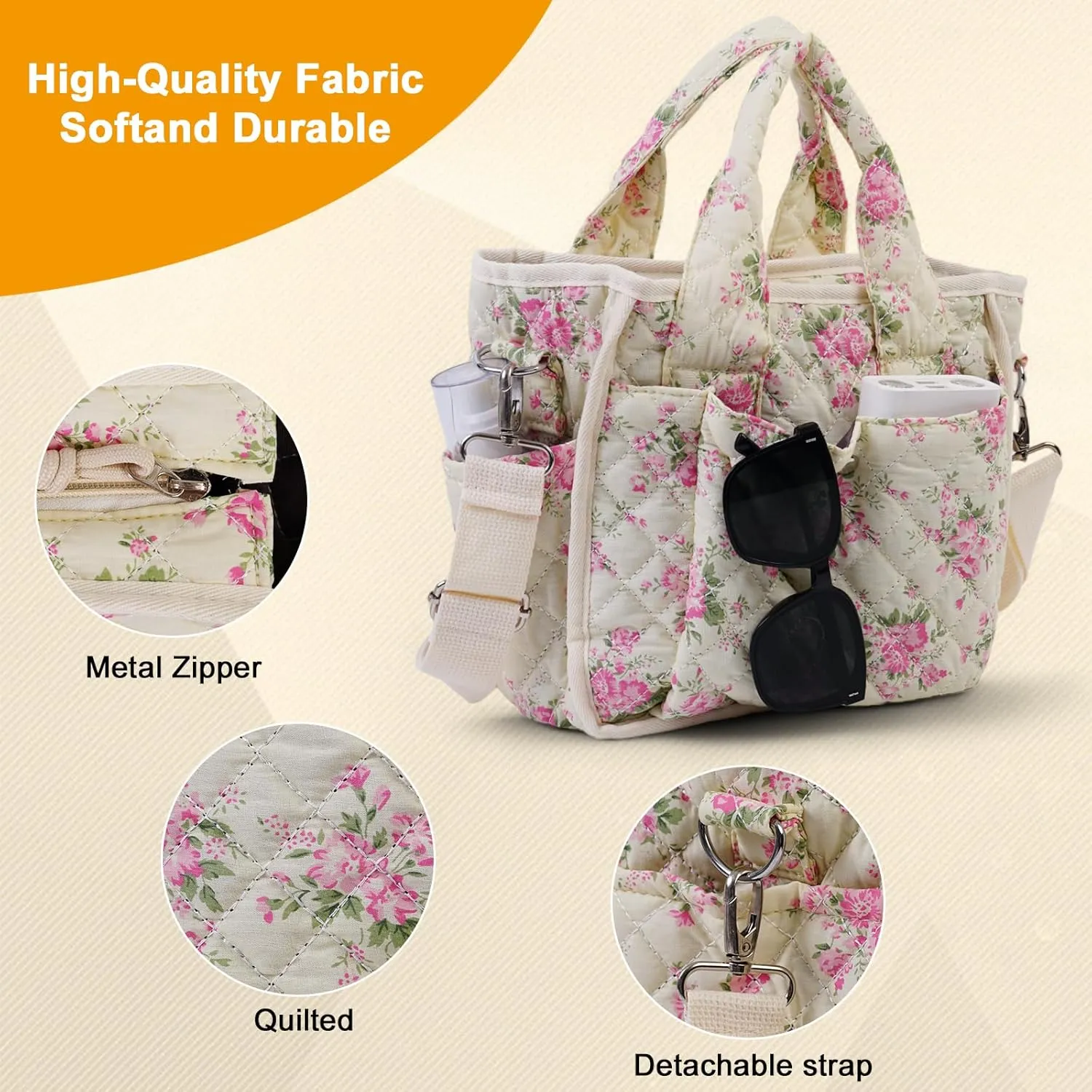 Small Floral Quilted Tote Bag for Women, Cute Crossbody Shoulder Purse with Pockets, Everyday Handbags