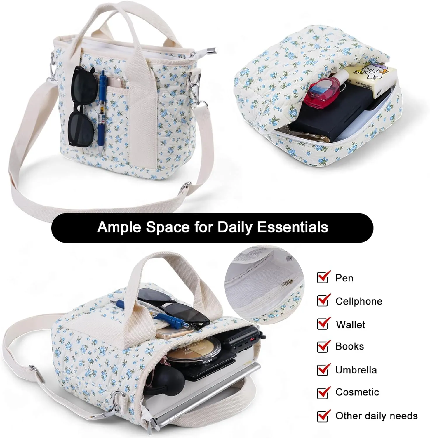 Small Floral Quilted Tote Bag for Women, Cute Crossbody Shoulder Purse with Pockets, Everyday Handbags