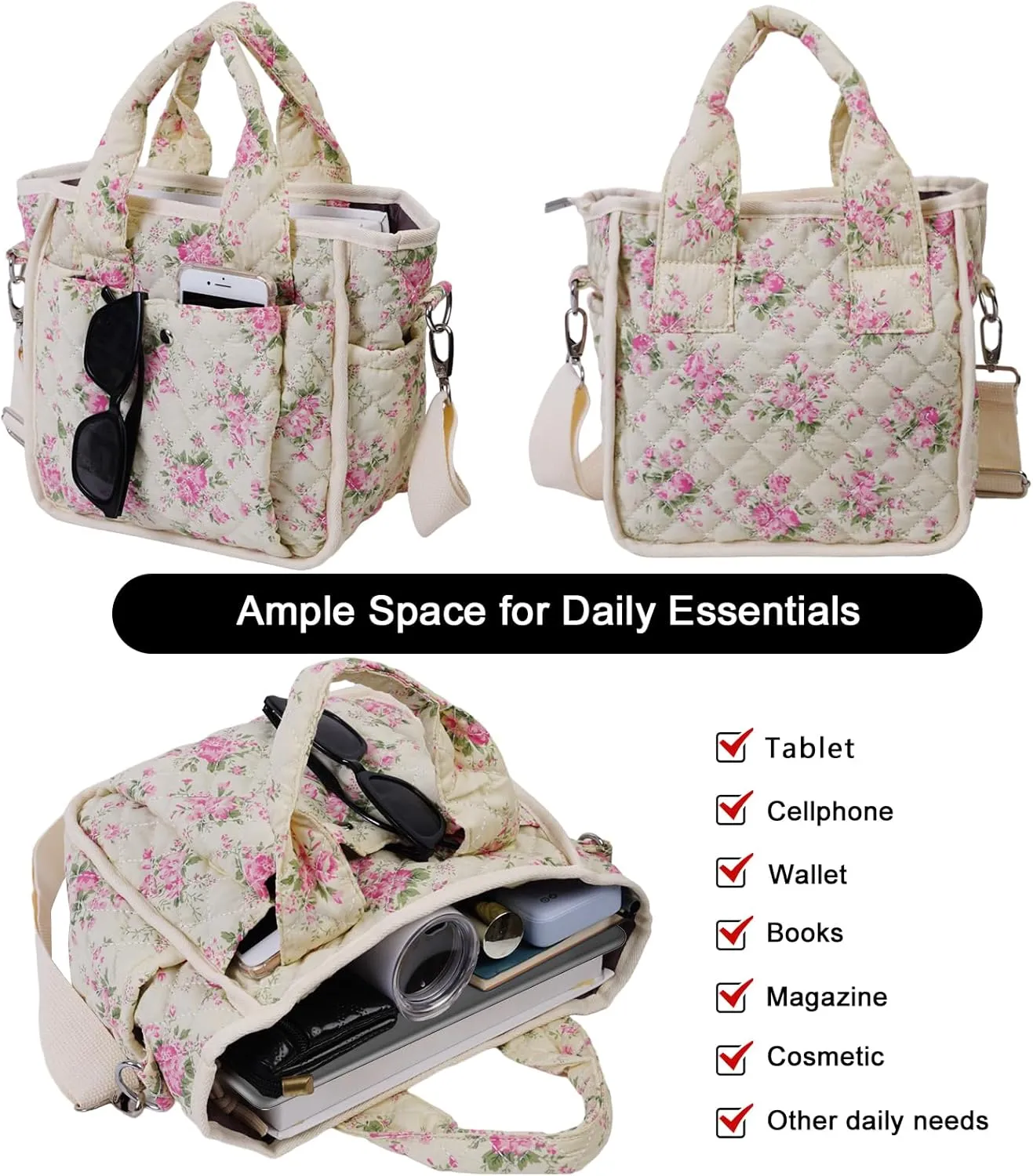 Small Floral Quilted Tote Bag for Women, Cute Crossbody Shoulder Purse with Pockets, Everyday Handbags