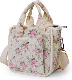 Small Floral Quilted Tote Bag for Women, Cute Crossbody Shoulder Purse with Pockets, Everyday Handbags