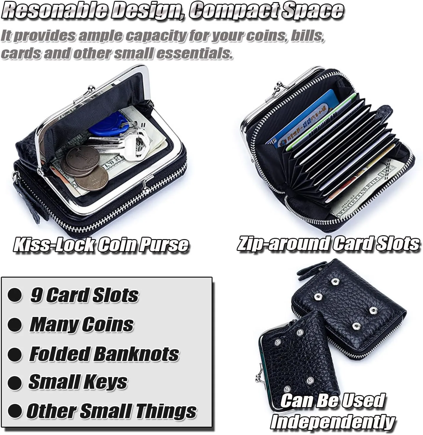 Small Genuine Leather Wallet for Women Separable Kiss-Lock Coin Purse Zip-Around RFID-Blocking Credit Card Holder