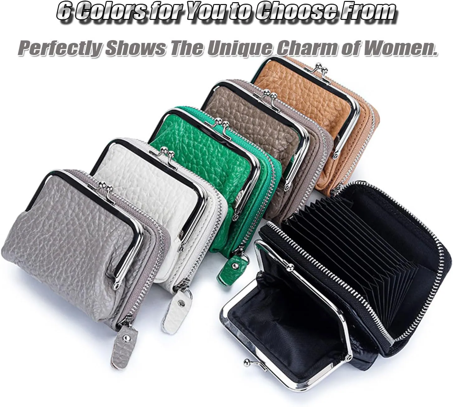Small Genuine Leather Wallet for Women Separable Kiss-Lock Coin Purse Zip-Around RFID-Blocking Credit Card Holder