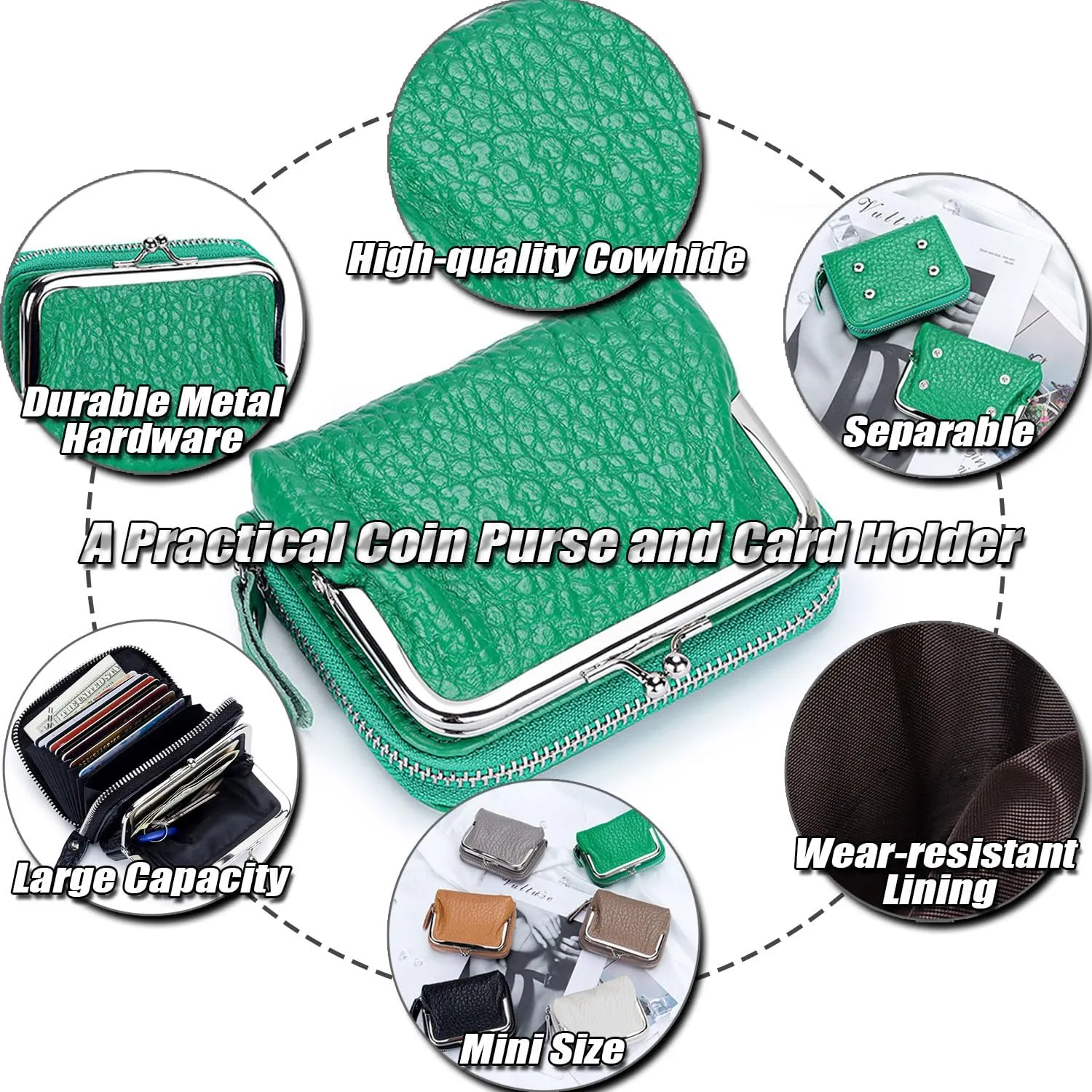 Small Genuine Leather Wallet for Women Separable Kiss-Lock Coin Purse Zip-Around RFID-Blocking Credit Card Holder