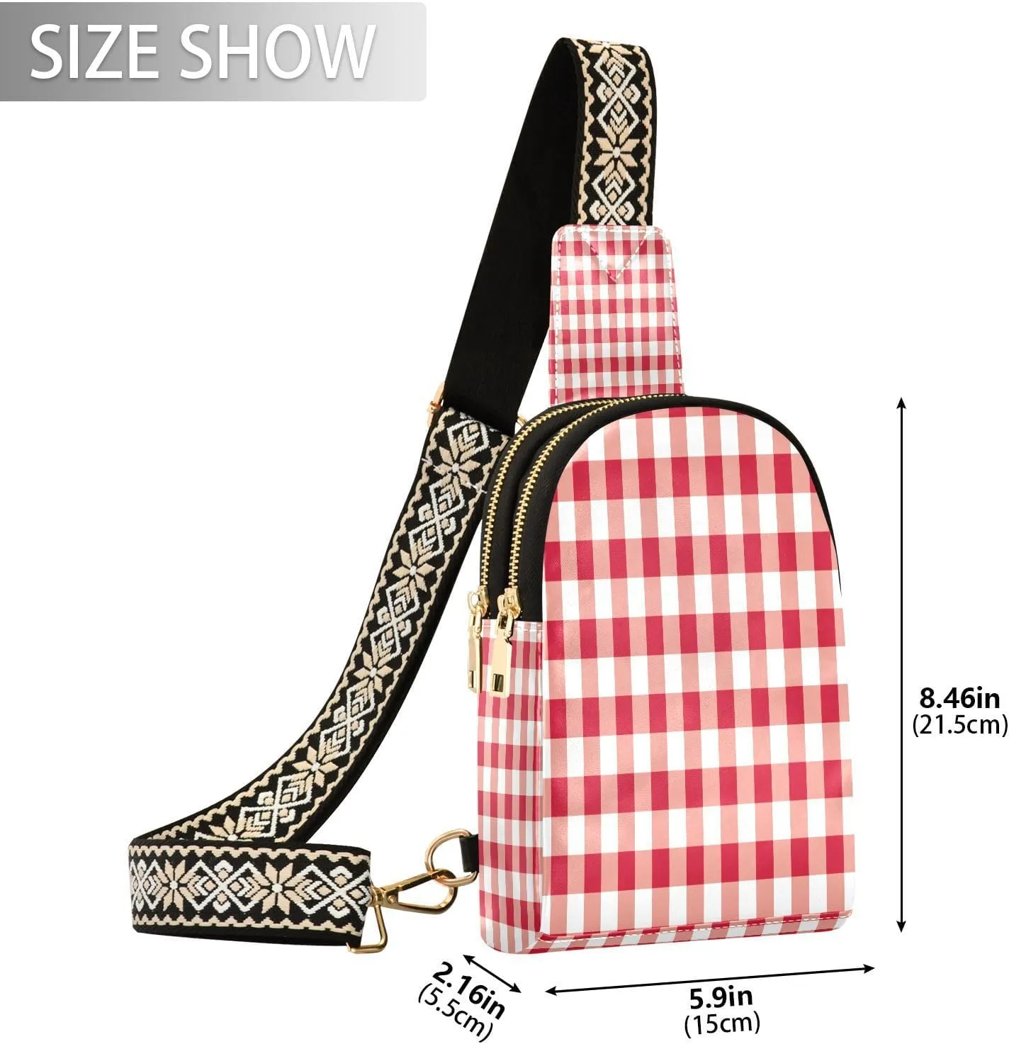 Small Sling Bag for Women Crossbody Red Gingham Trendy Crossbody Bag Fashion Waist Packs Tartan Check Plaid Leather Chest Bag for Women Fanny Pack with Guitar Strap Travel Outdoor Outfit