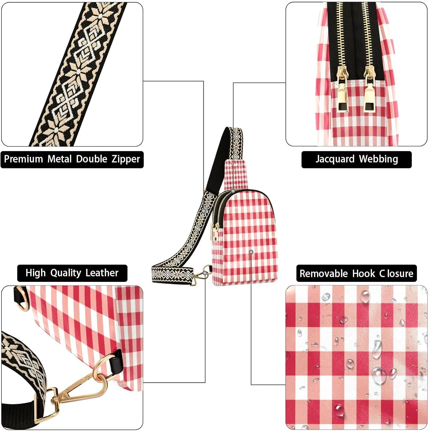 Small Sling Bag for Women Crossbody Red Gingham Trendy Crossbody Bag Fashion Waist Packs Tartan Check Plaid Leather Chest Bag for Women Fanny Pack with Guitar Strap Travel Outdoor Outfit
