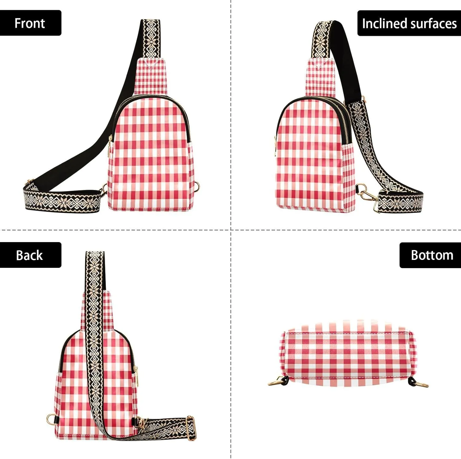 Small Sling Bag for Women Crossbody Red Gingham Trendy Crossbody Bag Fashion Waist Packs Tartan Check Plaid Leather Chest Bag for Women Fanny Pack with Guitar Strap Travel Outdoor Outfit