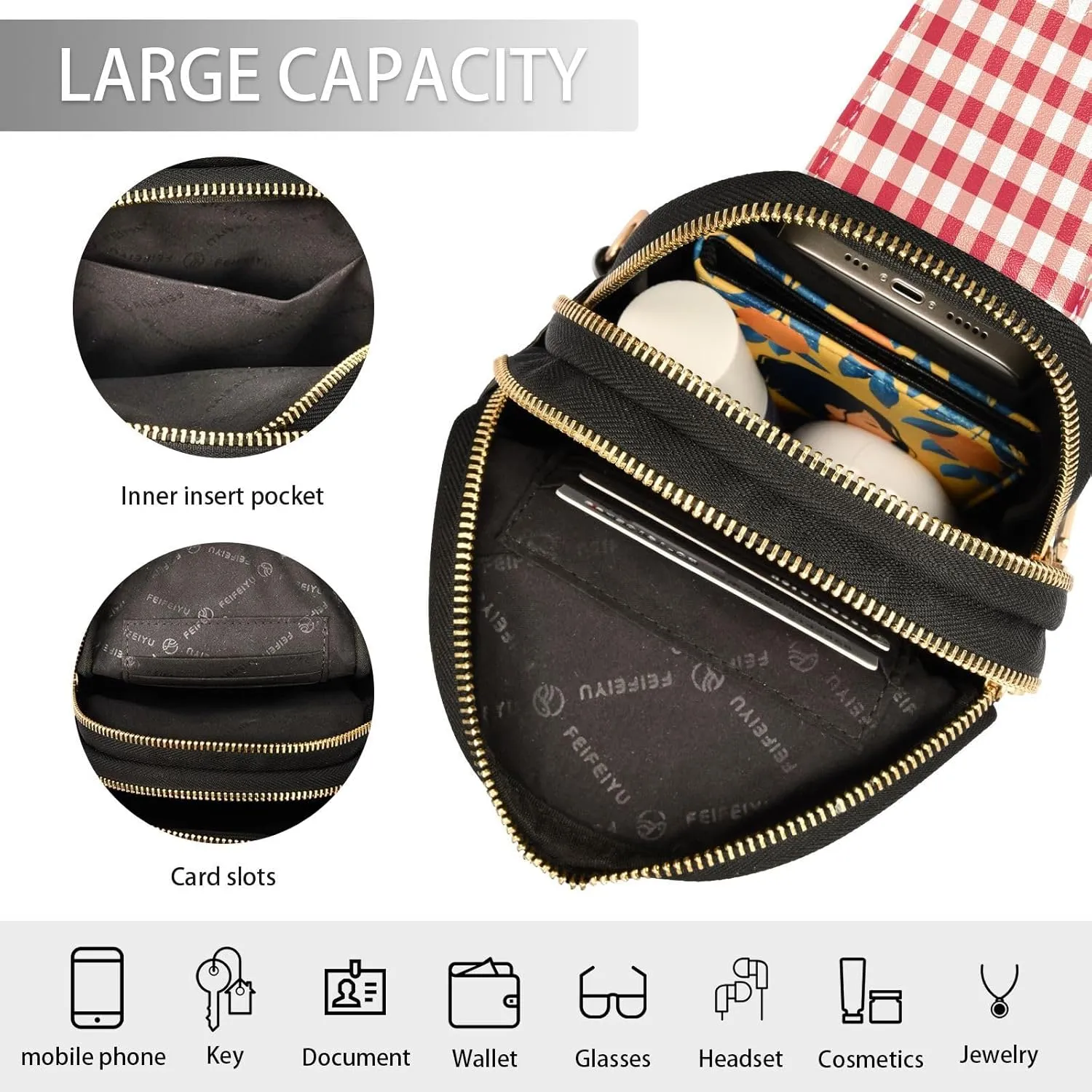 Small Sling Bag for Women Crossbody Red Gingham Trendy Crossbody Bag Fashion Waist Packs Tartan Check Plaid Leather Chest Bag for Women Fanny Pack with Guitar Strap Travel Outdoor Outfit