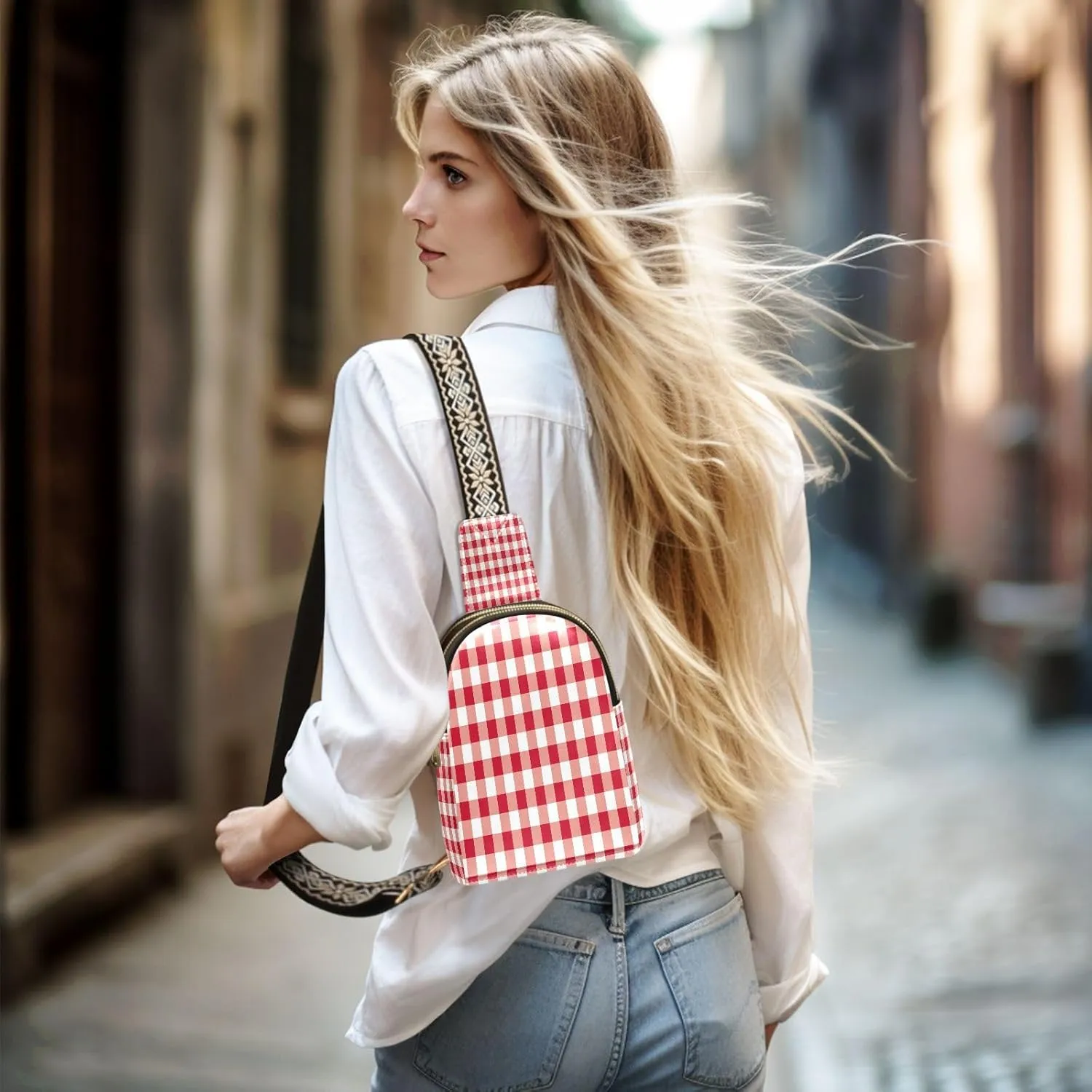 Small Sling Bag for Women Crossbody Red Gingham Trendy Crossbody Bag Fashion Waist Packs Tartan Check Plaid Leather Chest Bag for Women Fanny Pack with Guitar Strap Travel Outdoor Outfit