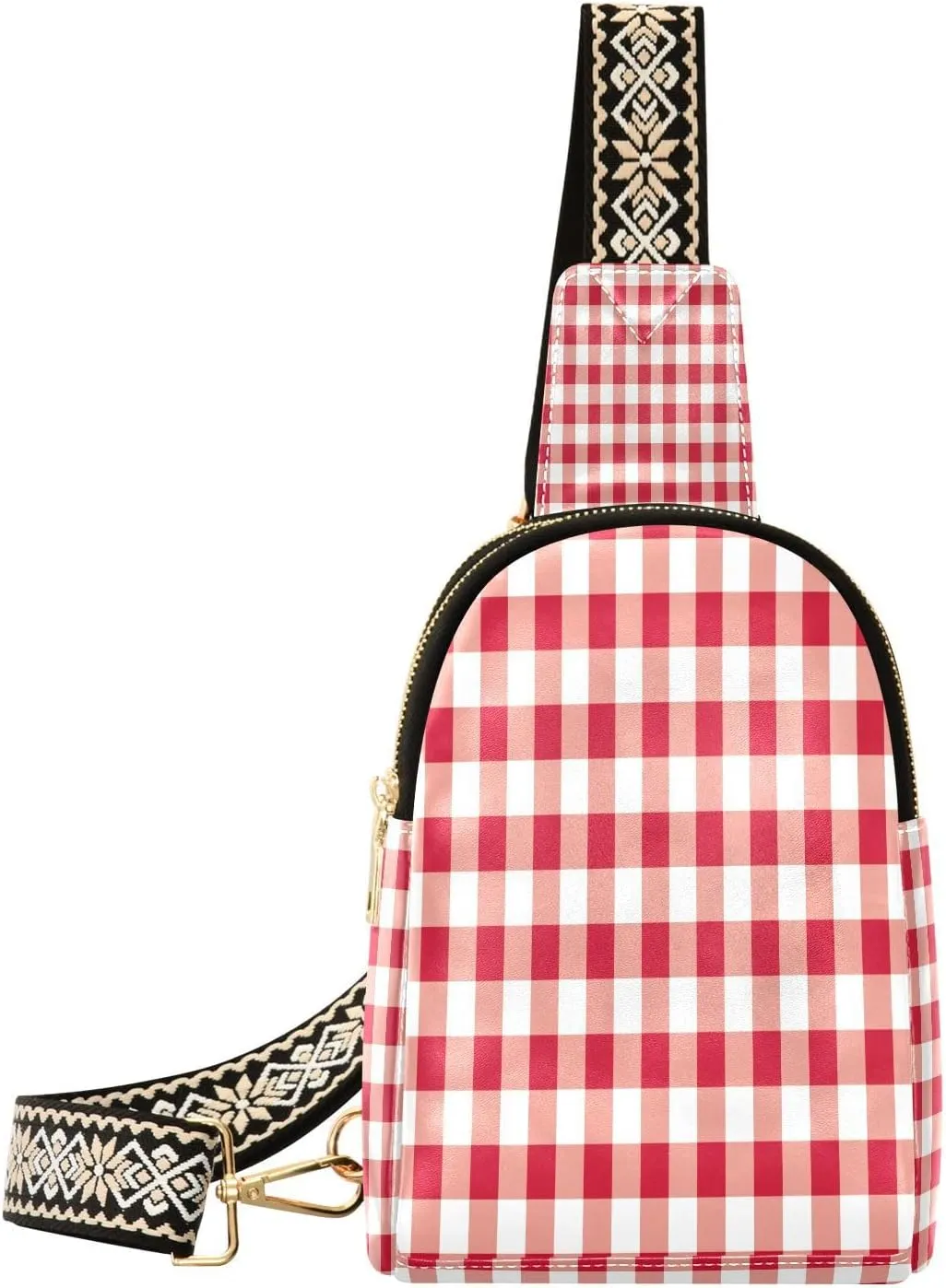 Small Sling Bag for Women Crossbody Red Gingham Trendy Crossbody Bag Fashion Waist Packs Tartan Check Plaid Leather Chest Bag for Women Fanny Pack with Guitar Strap Travel Outdoor Outfit