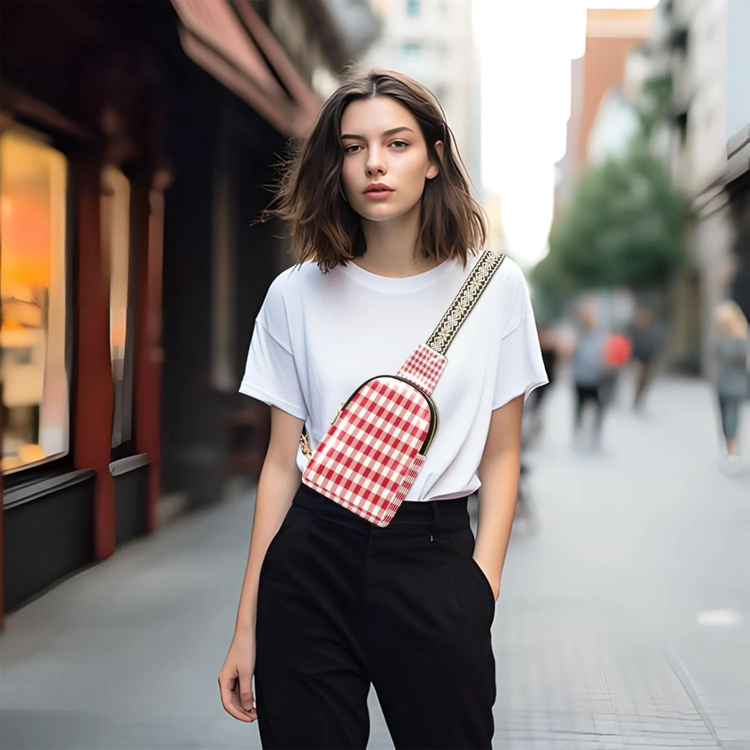 Small Sling Bag for Women Crossbody Red Gingham Trendy Crossbody Bag Fashion Waist Packs Tartan Check Plaid Leather Chest Bag for Women Fanny Pack with Guitar Strap Travel Outdoor Outfit