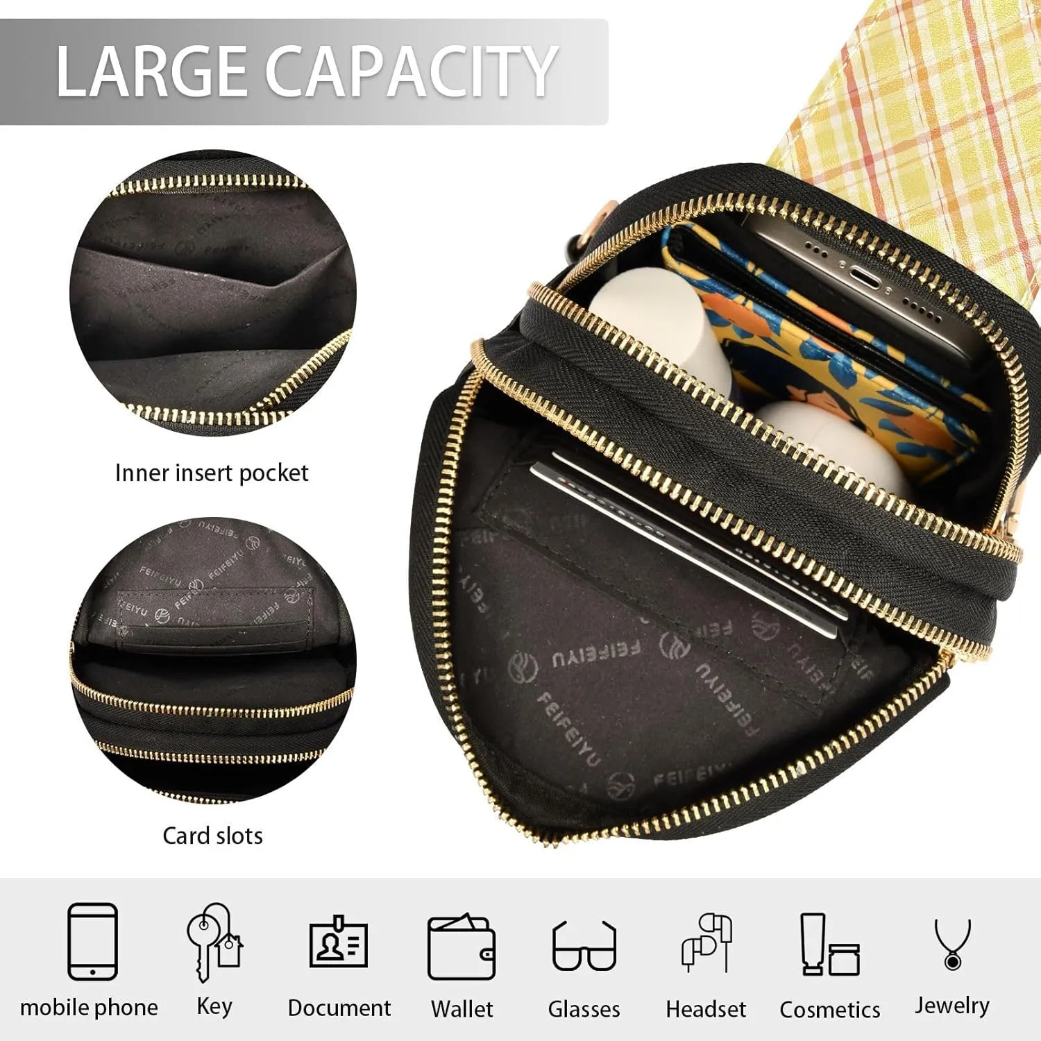 Small Sling Bag for Women Crossbody Stripes Yellow Trendy Crossbody Bag Fanny Pack with Guitar Strap Gingham Plaid Leather Chest Bag for Women Fanny Pack Travel Outdoor Outfit