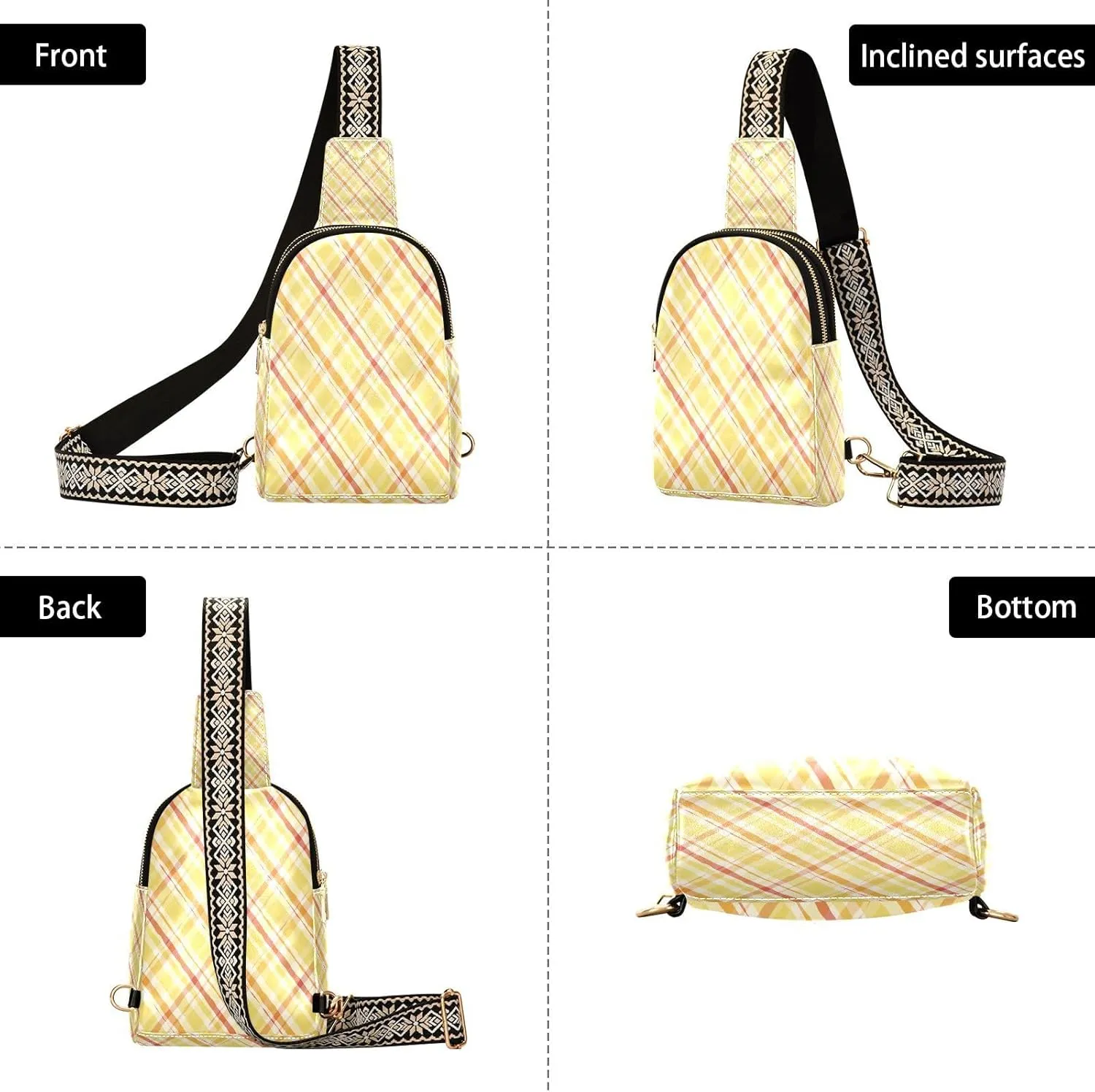 Small Sling Bag for Women Crossbody Stripes Yellow Trendy Crossbody Bag Fanny Pack with Guitar Strap Gingham Plaid Leather Chest Bag for Women Fanny Pack Travel Outdoor Outfit