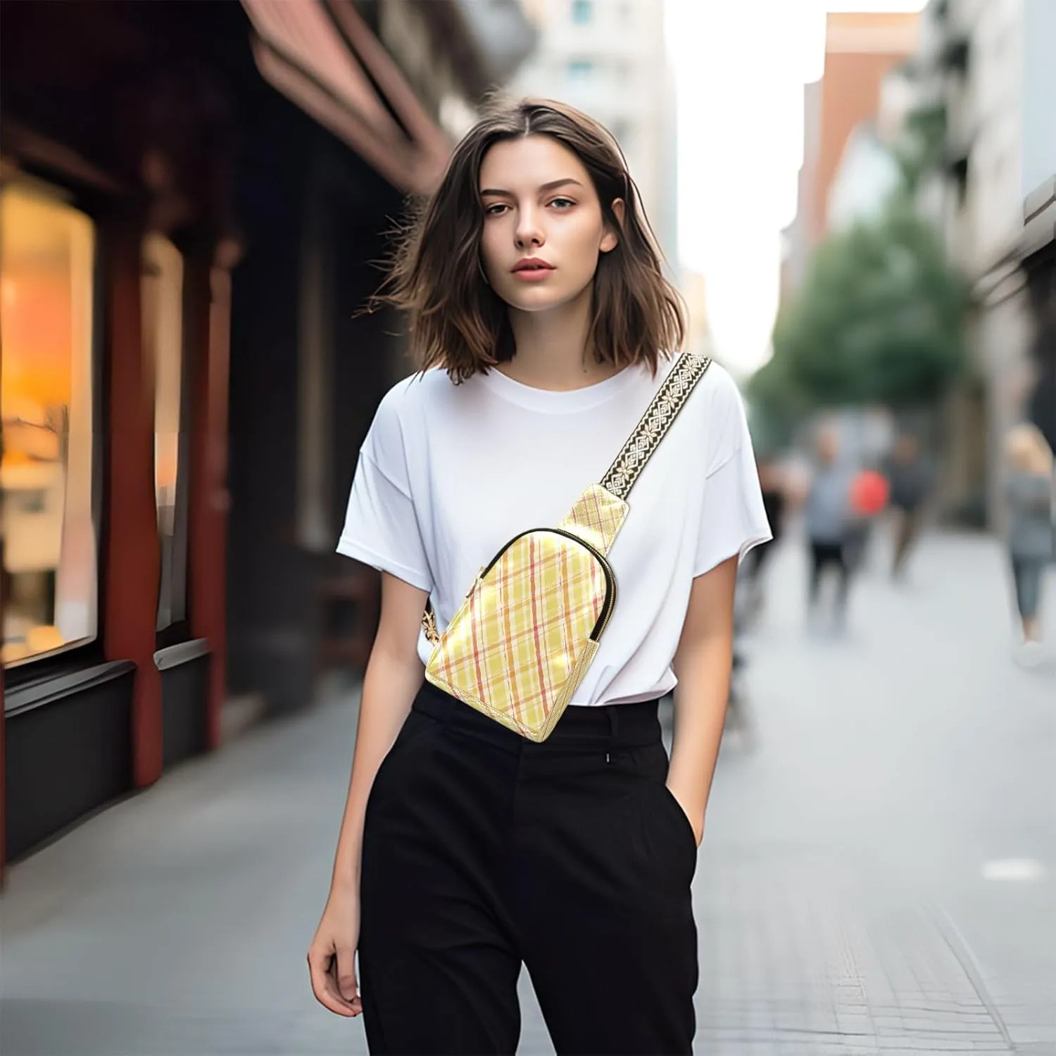 Small Sling Bag for Women Crossbody Stripes Yellow Trendy Crossbody Bag Fanny Pack with Guitar Strap Gingham Plaid Leather Chest Bag for Women Fanny Pack Travel Outdoor Outfit