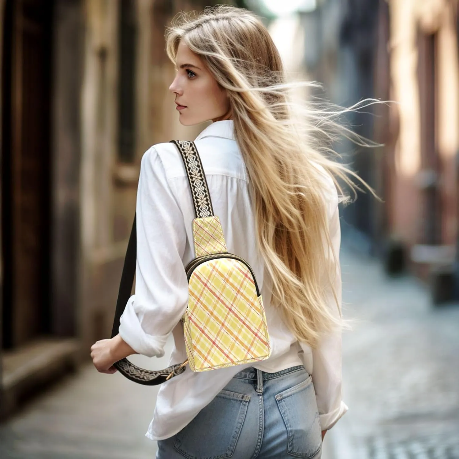 Small Sling Bag for Women Crossbody Stripes Yellow Trendy Crossbody Bag Fanny Pack with Guitar Strap Gingham Plaid Leather Chest Bag for Women Fanny Pack Travel Outdoor Outfit