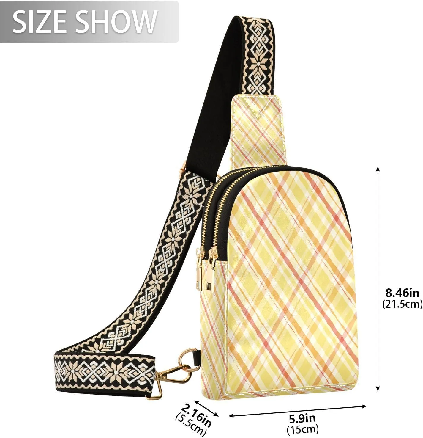 Small Sling Bag for Women Crossbody Stripes Yellow Trendy Crossbody Bag Fanny Pack with Guitar Strap Gingham Plaid Leather Chest Bag for Women Fanny Pack Travel Outdoor Outfit