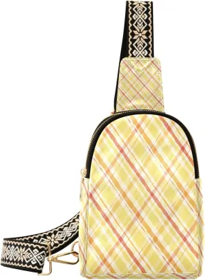 Small Sling Bag for Women Crossbody Stripes Yellow Trendy Crossbody Bag Fanny Pack with Guitar Strap Gingham Plaid Leather Chest Bag for Women Fanny Pack Travel Outdoor Outfit