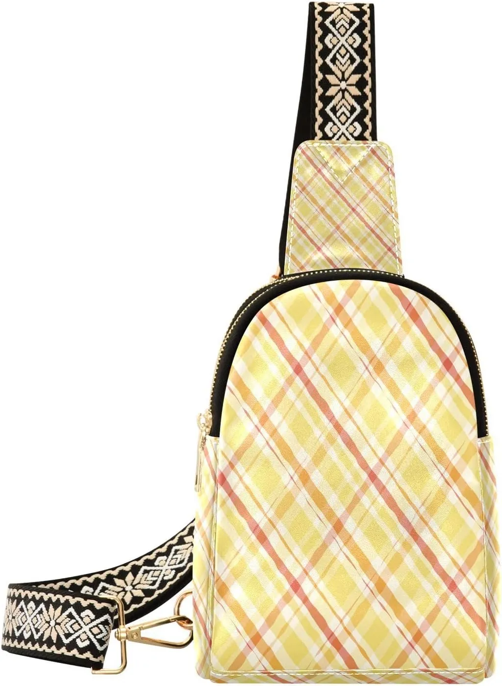 Small Sling Bag for Women Crossbody Stripes Yellow Trendy Crossbody Bag Fanny Pack with Guitar Strap Gingham Plaid Leather Chest Bag for Women Fanny Pack Travel Outdoor Outfit