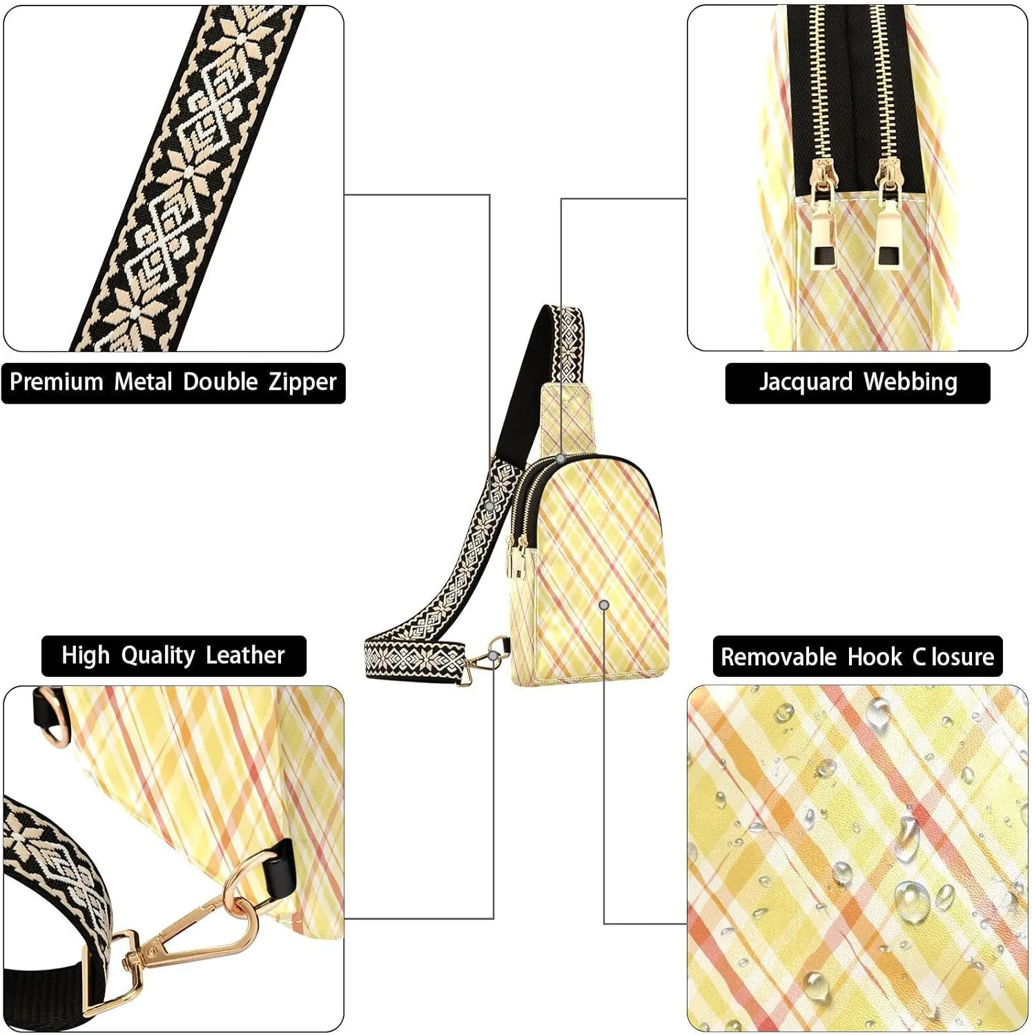 Small Sling Bag for Women Crossbody Stripes Yellow Trendy Crossbody Bag Fanny Pack with Guitar Strap Gingham Plaid Leather Chest Bag for Women Fanny Pack Travel Outdoor Outfit