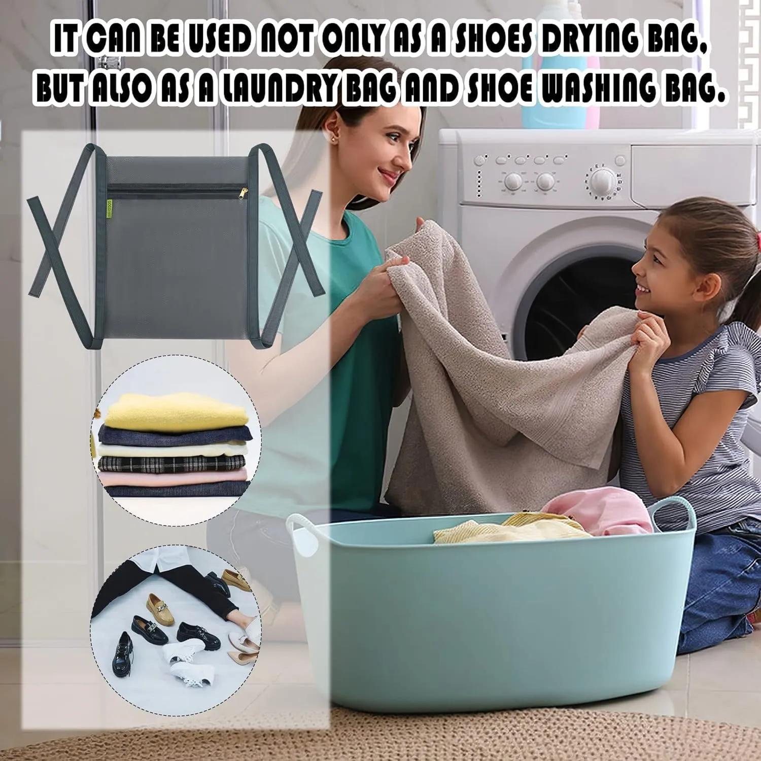 Sneaker Drying Bag, Shoe Dryer Mesh Bags, Sneaker Wash & Dry Net Bag for Dryer, Large HoneyComber Mesh Laundry Bags with Zipper and Strap for Most Dryers Door, 15.7"x13.8" (White & Grey)