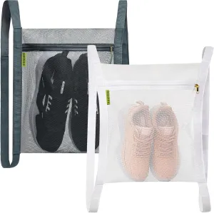 Sneaker Drying Bag, Shoe Dryer Mesh Bags, Sneaker Wash & Dry Net Bag for Dryer, Large HoneyComber Mesh Laundry Bags with Zipper and Strap for Most Dryers Door, 15.7"x13.8" (White & Grey)