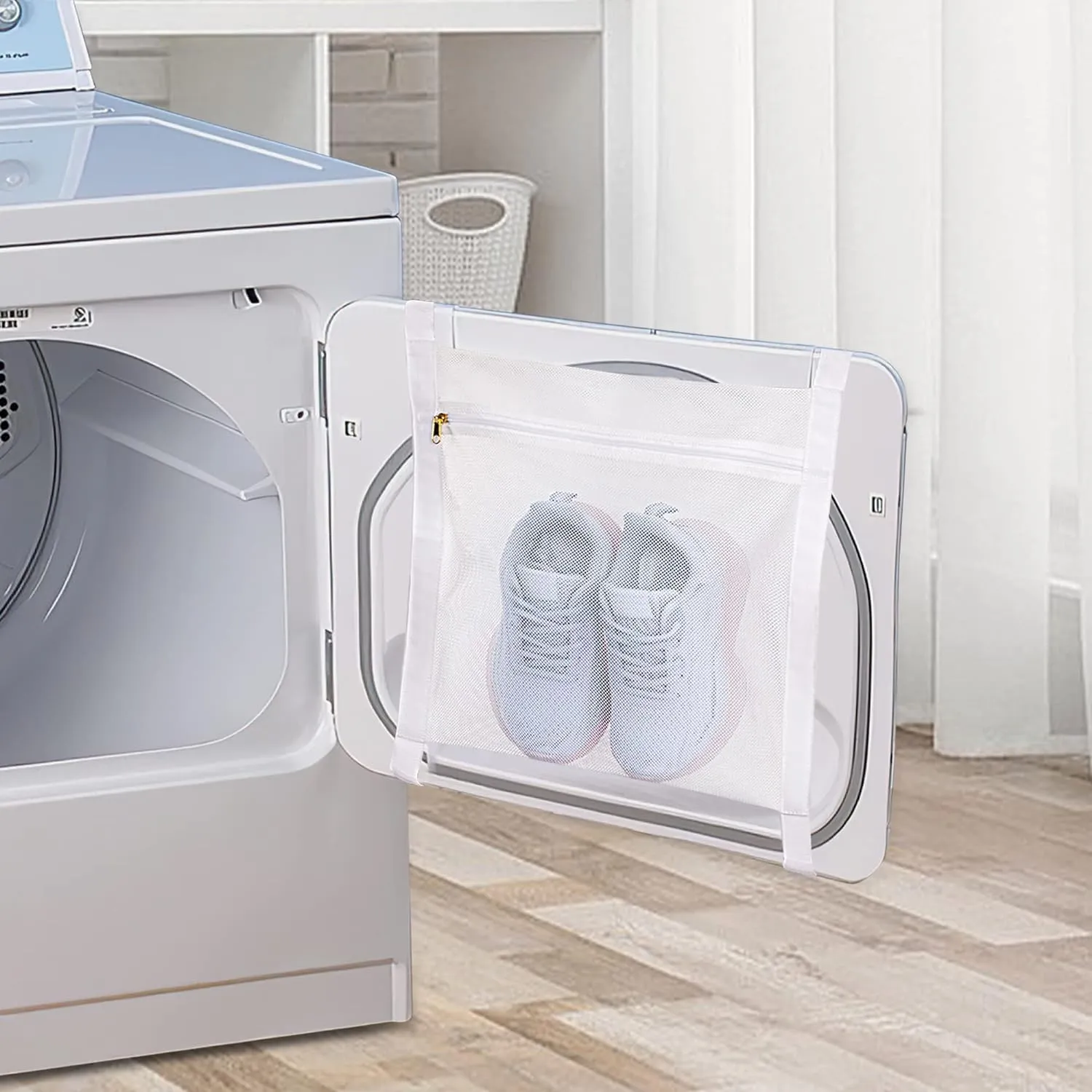 Sneaker Drying Bag, Shoe Dryer Mesh Bags, Sneaker Wash & Dry Net Bag for Dryer, Large HoneyComber Mesh Laundry Bags with Zipper and Strap for Most Dryers Door, 15.7"x13.8" (White & Grey)