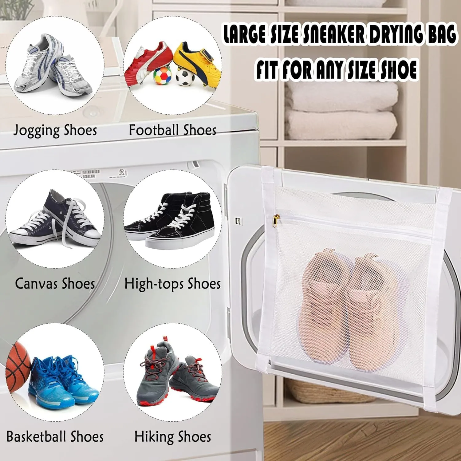 Sneaker Drying Bag, Shoe Dryer Mesh Bags, Sneaker Wash & Dry Net Bag for Dryer, Large HoneyComber Mesh Laundry Bags with Zipper and Strap for Most Dryers Door, 15.7"x13.8" (White & Grey)