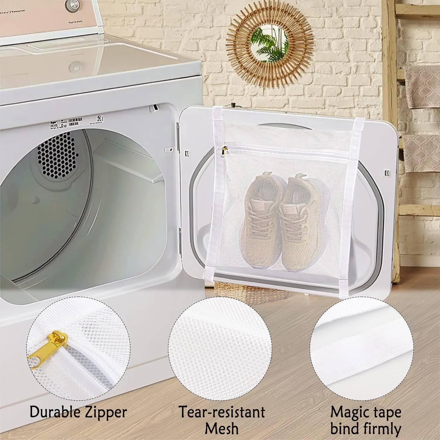 Sneaker Drying Bag, Shoe Dryer Mesh Bags, Sneaker Wash & Dry Net Bag for Dryer, Large HoneyComber Mesh Laundry Bags with Zipper and Strap for Most Dryers Door, 15.7"x13.8" (White & Grey)