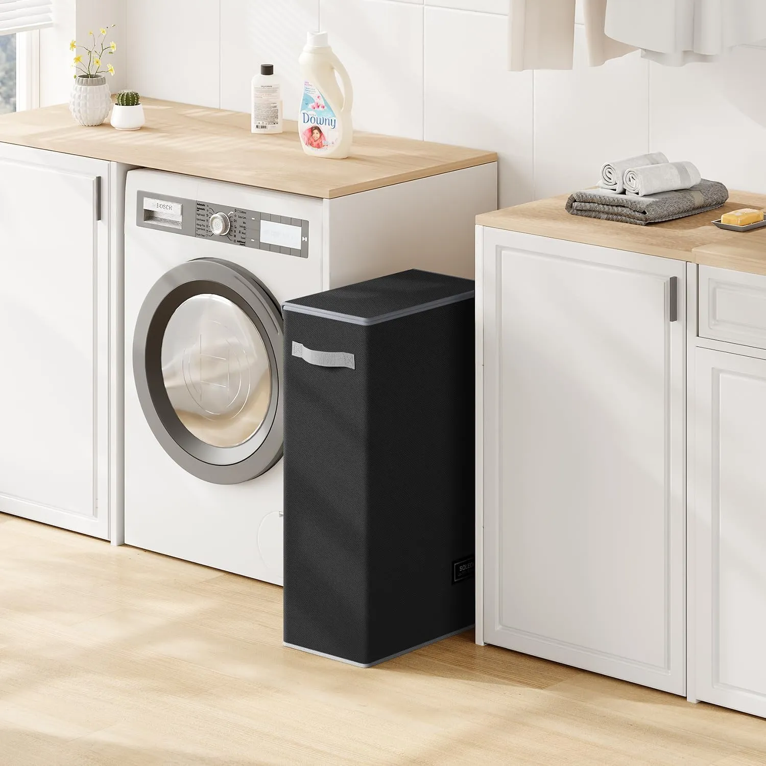 SOLEDI Slim Laundry Hamper with Lid, Narrow Laundry Basket with Removable Bags, Dirty Clothes Hamper with handle, Small Hamper perfect for Laundry room, Bathroom, Bedroom, Small spaces. 70L Black
