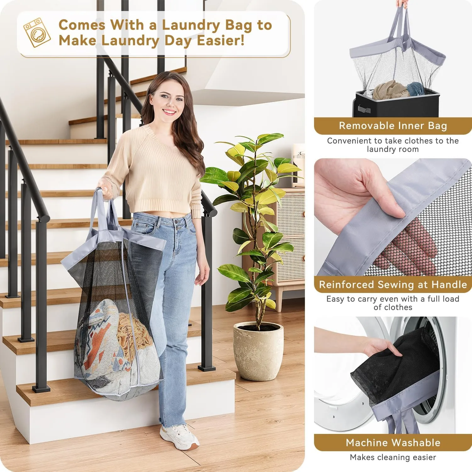 SOLEDI Slim Laundry Hamper with Lid, Narrow Laundry Basket with Removable Bags, Dirty Clothes Hamper with handle, Small Hamper perfect for Laundry room, Bathroom, Bedroom, Small spaces. 70L Black