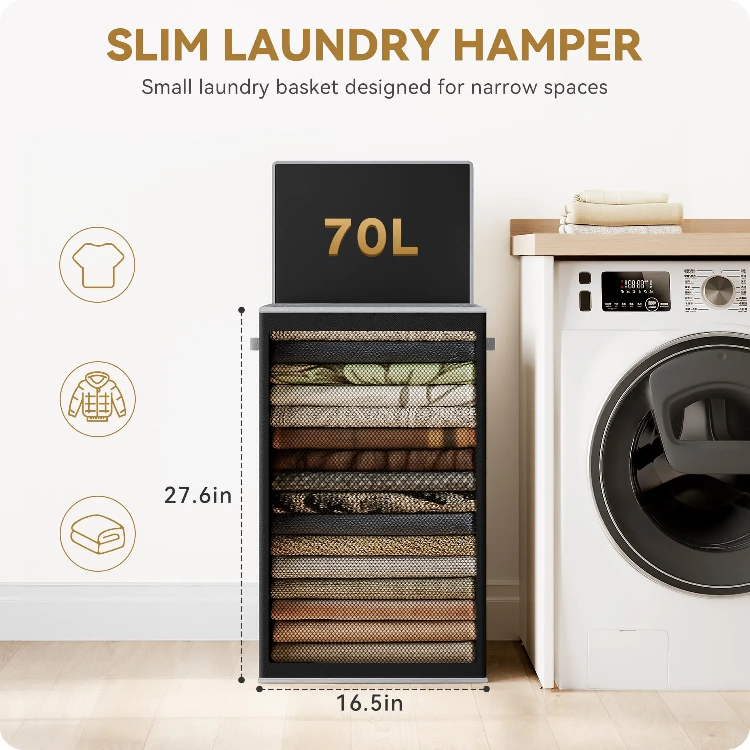 SOLEDI Slim Laundry Hamper with Lid, Narrow Laundry Basket with Removable Bags, Dirty Clothes Hamper with handle, Small Hamper perfect for Laundry room, Bathroom, Bedroom, Small spaces. 70L Black