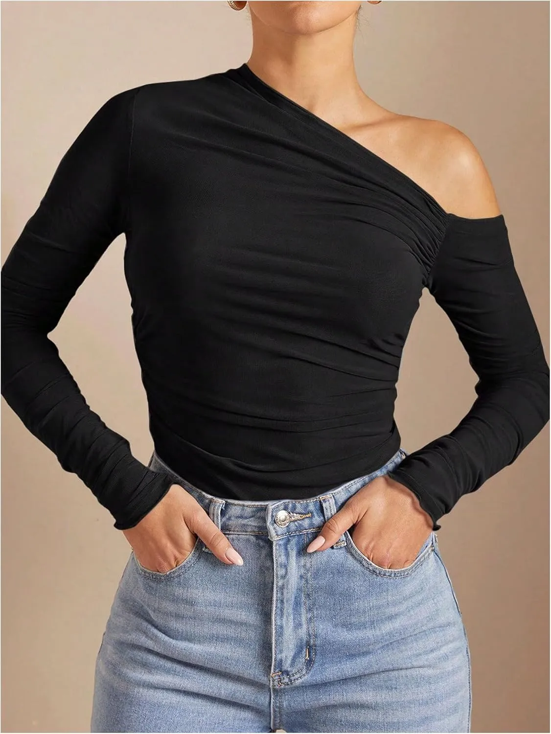 SOLY HUX Women's Off The Shoulder Tops Long Sleeve Ruched Sheer Tee Shirts Asymmetrical Slim Fit Going Out Tee Top
