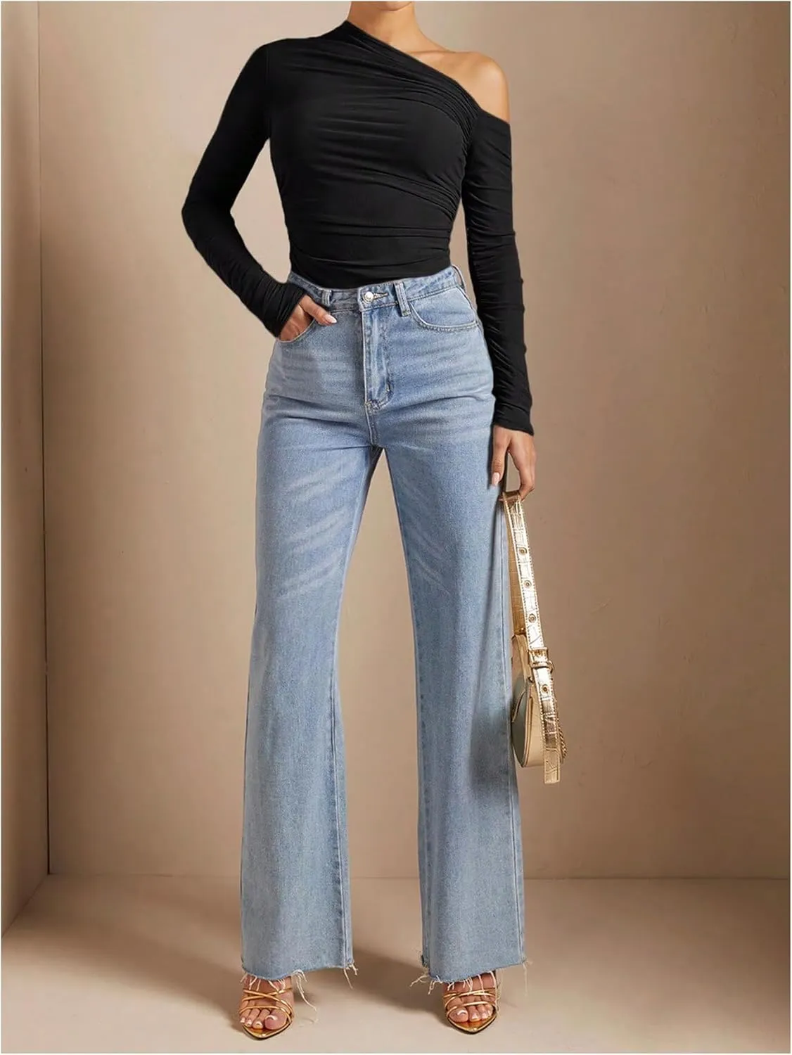 SOLY HUX Women's Off The Shoulder Tops Long Sleeve Ruched Sheer Tee Shirts Asymmetrical Slim Fit Going Out Tee Top