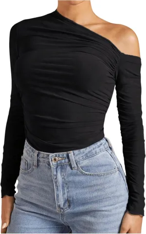 SOLY HUX Women's Off The Shoulder Tops Long Sleeve Ruched Sheer Tee Shirts Asymmetrical Slim Fit Going Out Tee Top