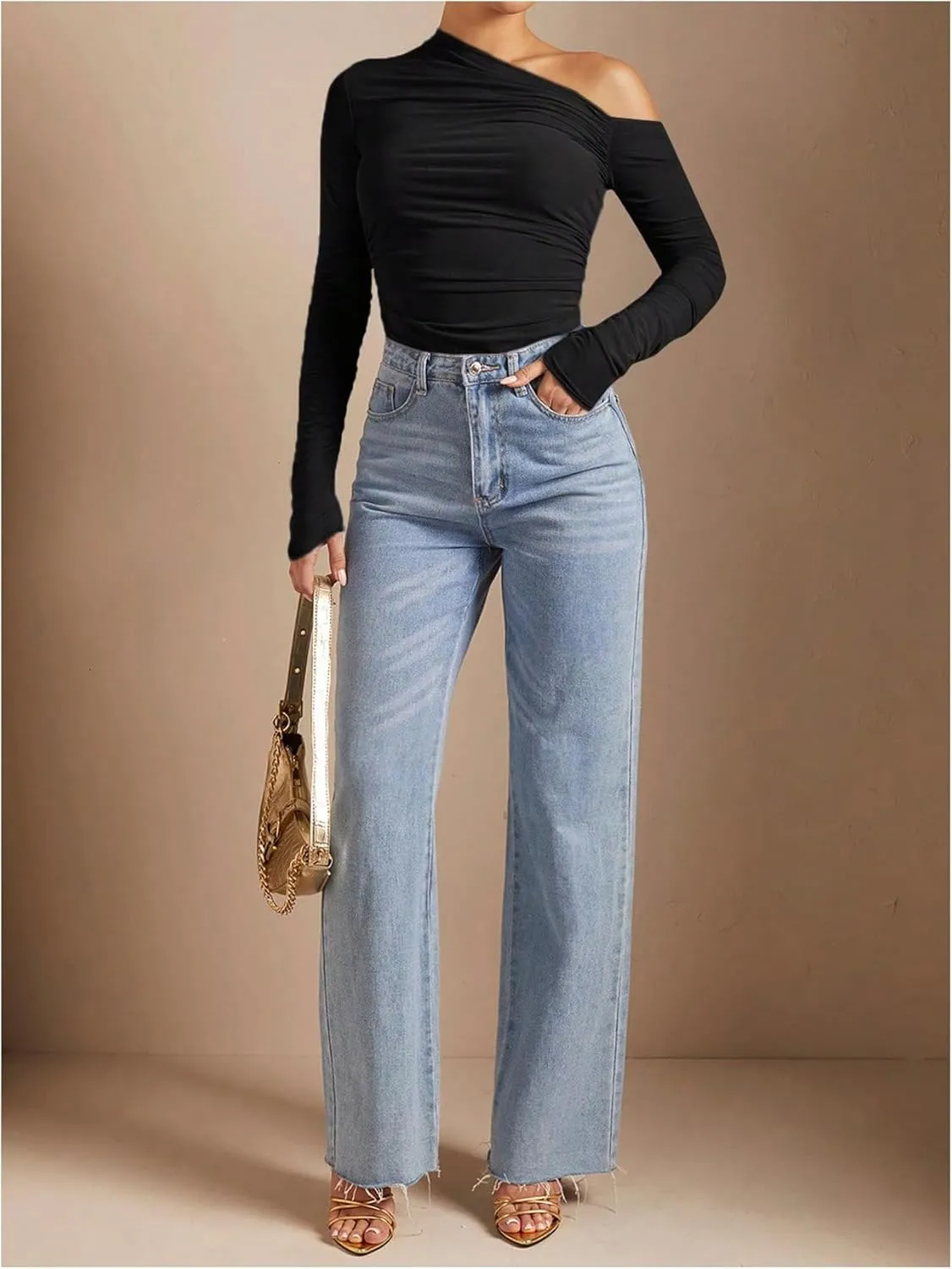 SOLY HUX Women's Off The Shoulder Tops Long Sleeve Ruched Sheer Tee Shirts Asymmetrical Slim Fit Going Out Tee Top