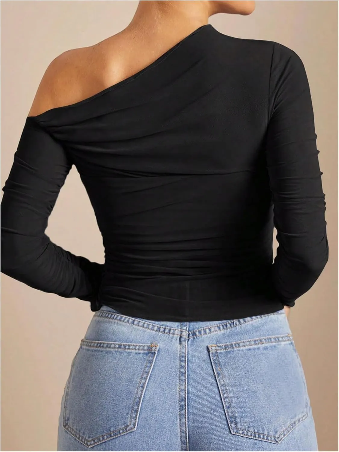 SOLY HUX Women's Off The Shoulder Tops Long Sleeve Ruched Sheer Tee Shirts Asymmetrical Slim Fit Going Out Tee Top