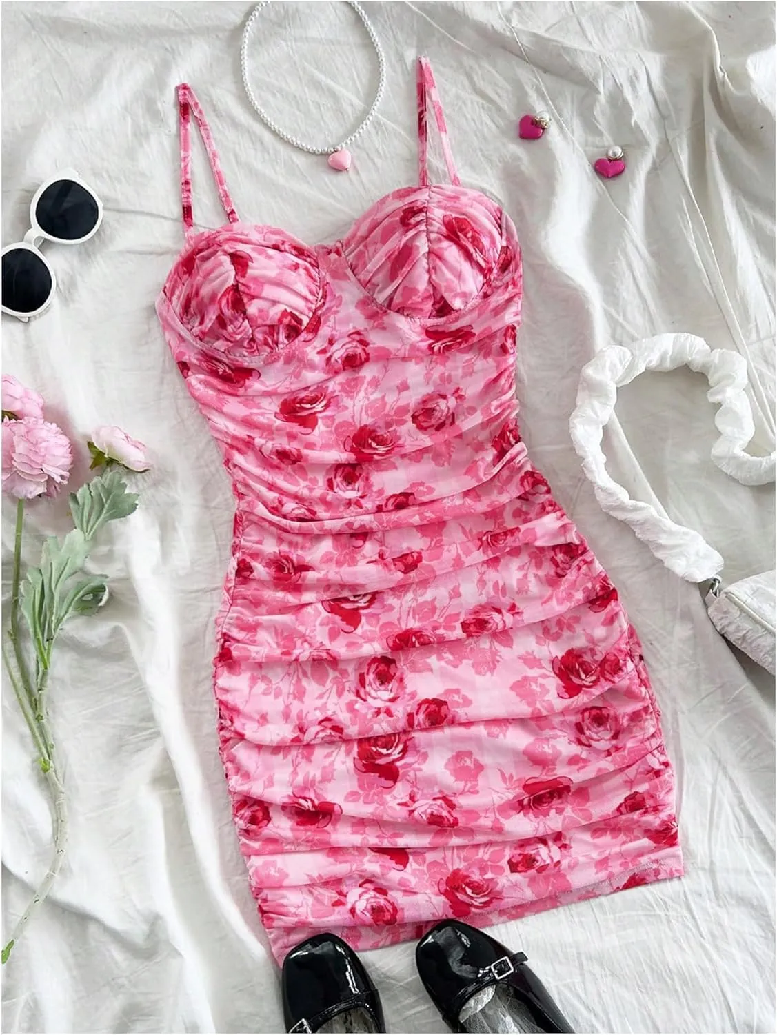 SOLY HUX Women's Summer Floral Corset Dress Spaghetti Strap Ruched Mesh Bodycon Vacation Mini Dresses