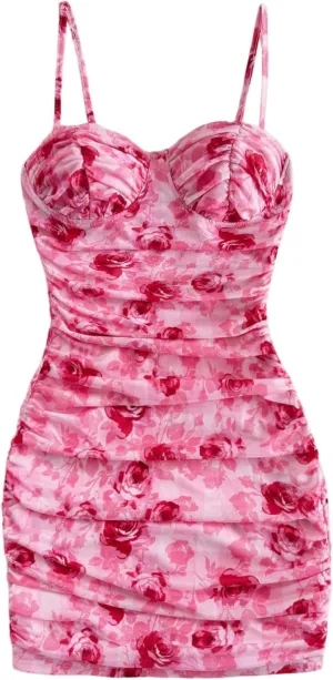 SOLY HUX Women's Summer Floral Corset Dress Spaghetti Strap Ruched Mesh Bodycon Vacation Mini Dresses