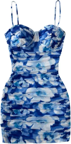 SOLY HUX Women's Summer Floral Corset Dress Spaghetti Strap Ruched Mesh Bodycon Vacation Mini Dresses