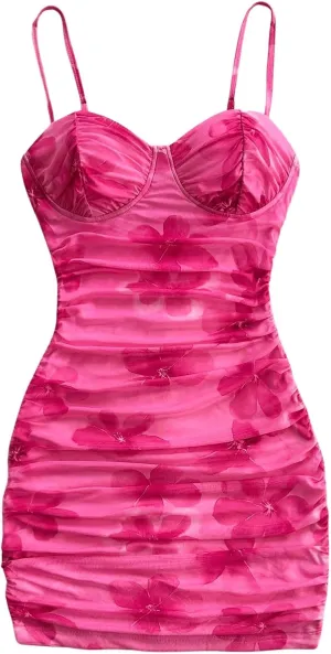 SOLY HUX Women's Summer Floral Corset Dress Spaghetti Strap Ruched Mesh Bodycon Vacation Mini Dresses